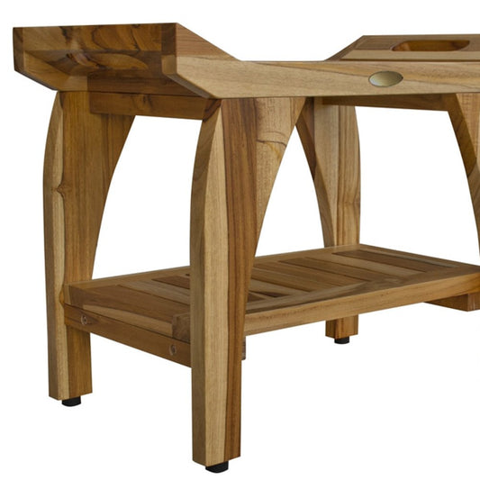 Compact Rectangular Teak Shower Bench With Handles In Natural Finish
