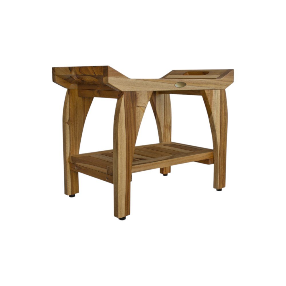 Compact Rectangular Teak Shower Bench With Handles In Natural Finish