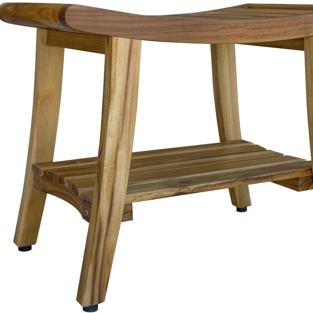 Contemporary Teak Shower Bench With Shelf In Natural Finish