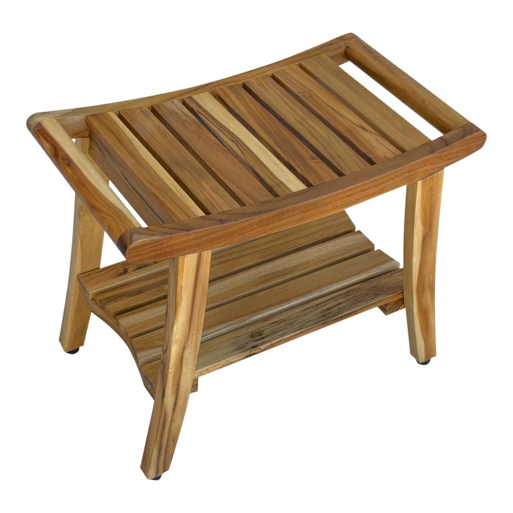 Contemporary Teak Shower Bench With Shelf In Natural Finish