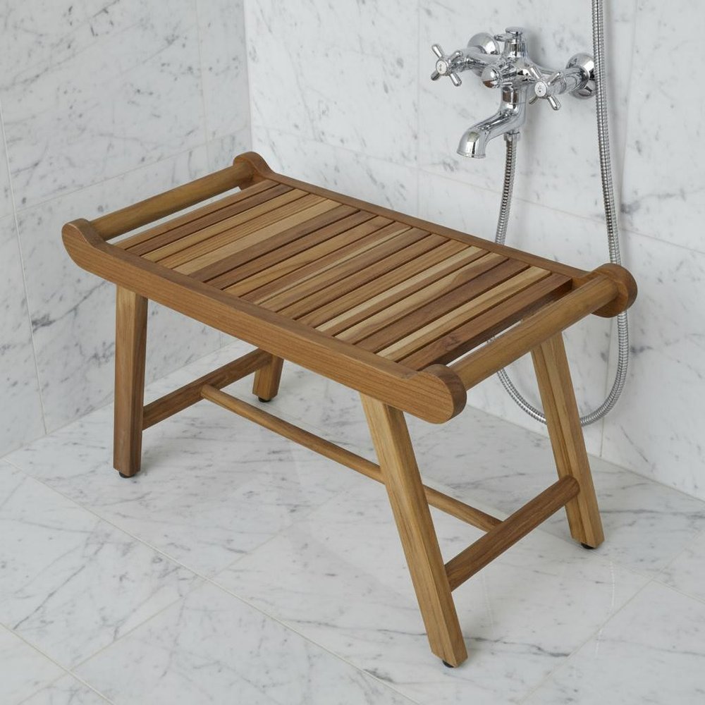 Rectangular Teak Shower Bench With Handles In Natural Finish