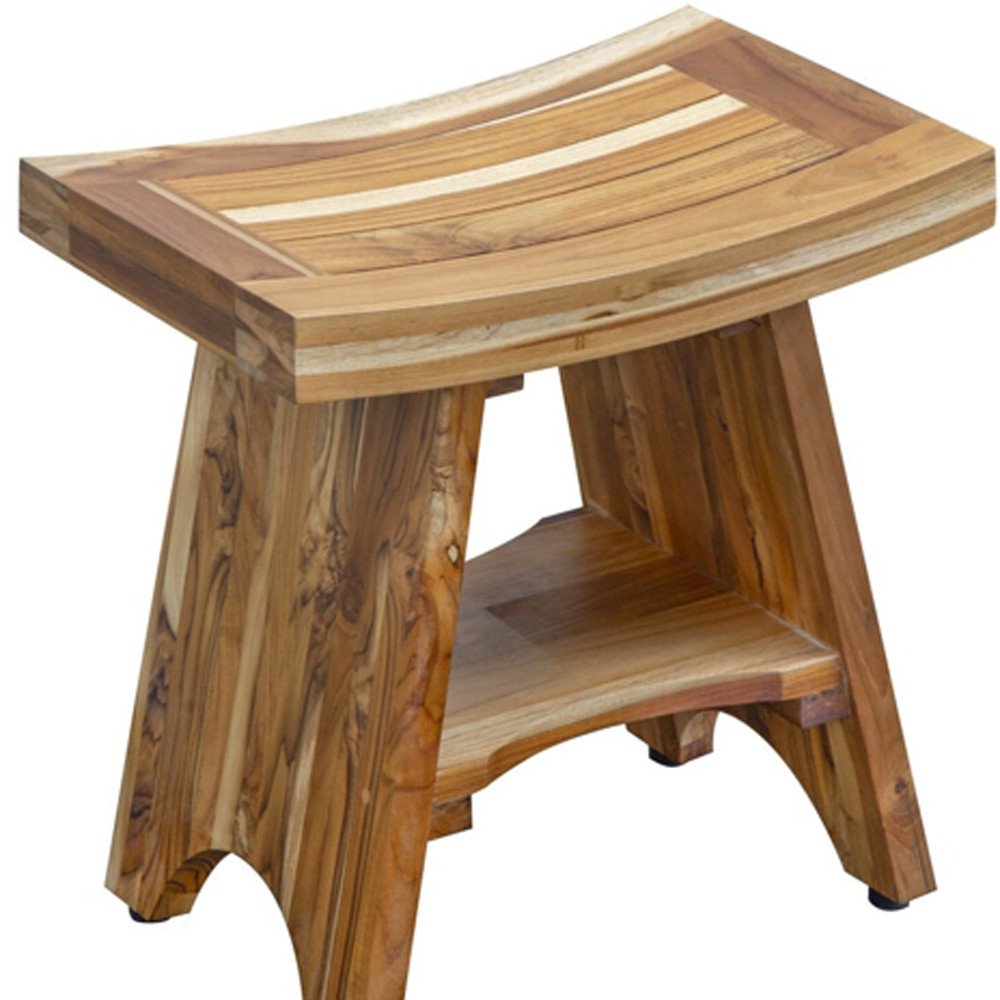 Compact Curvilinear Teak Shower Outdoor Bench With Shelf In Natural Finish