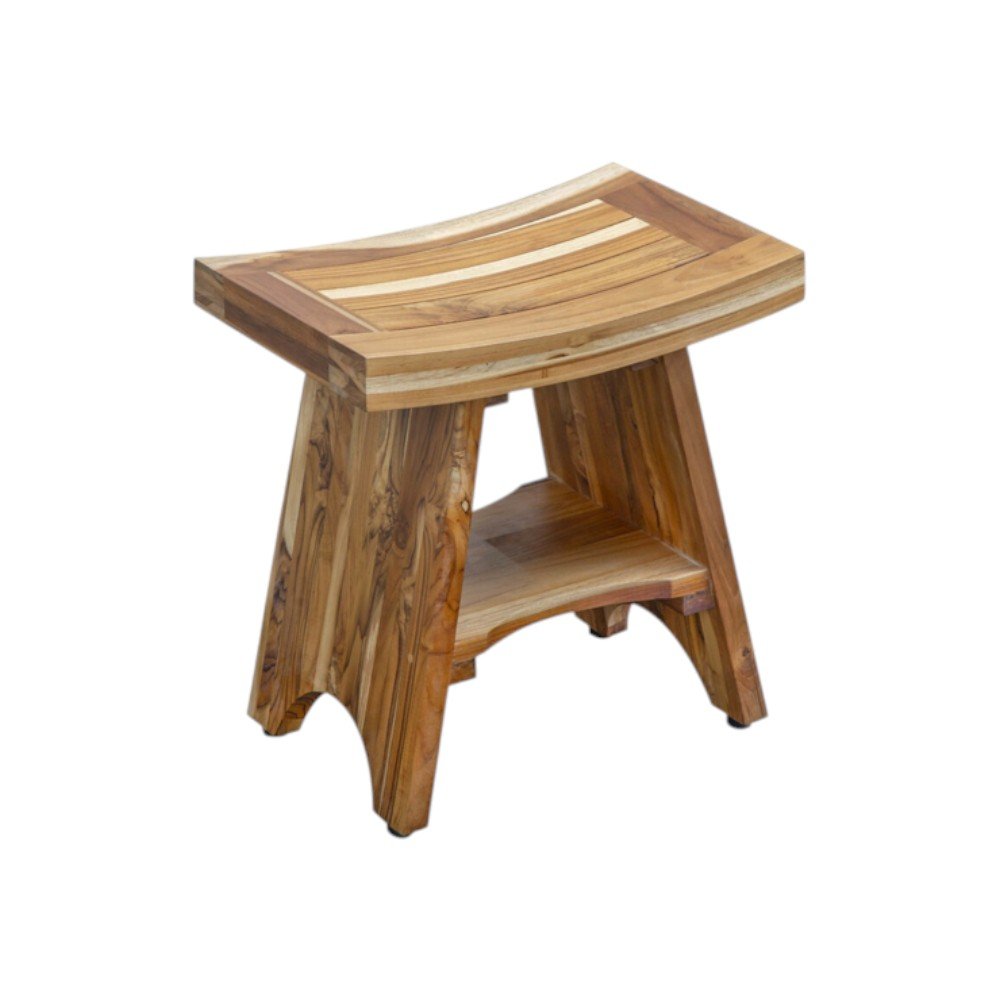 Compact Curvilinear Teak Shower Outdoor Bench With Shelf In Natural Finish