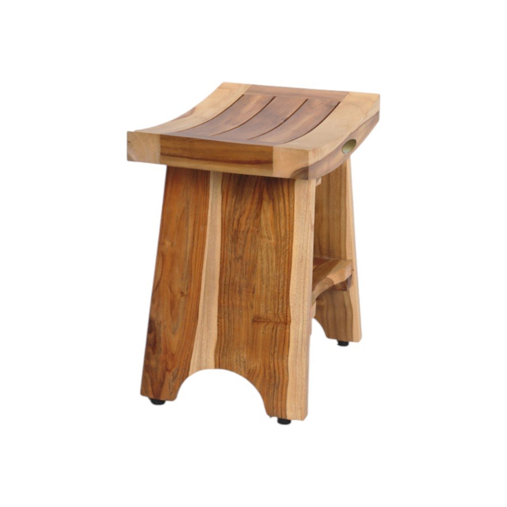Compact Curvilinear Teak Shower Outdoor Bench With Shelf In Natural Finish