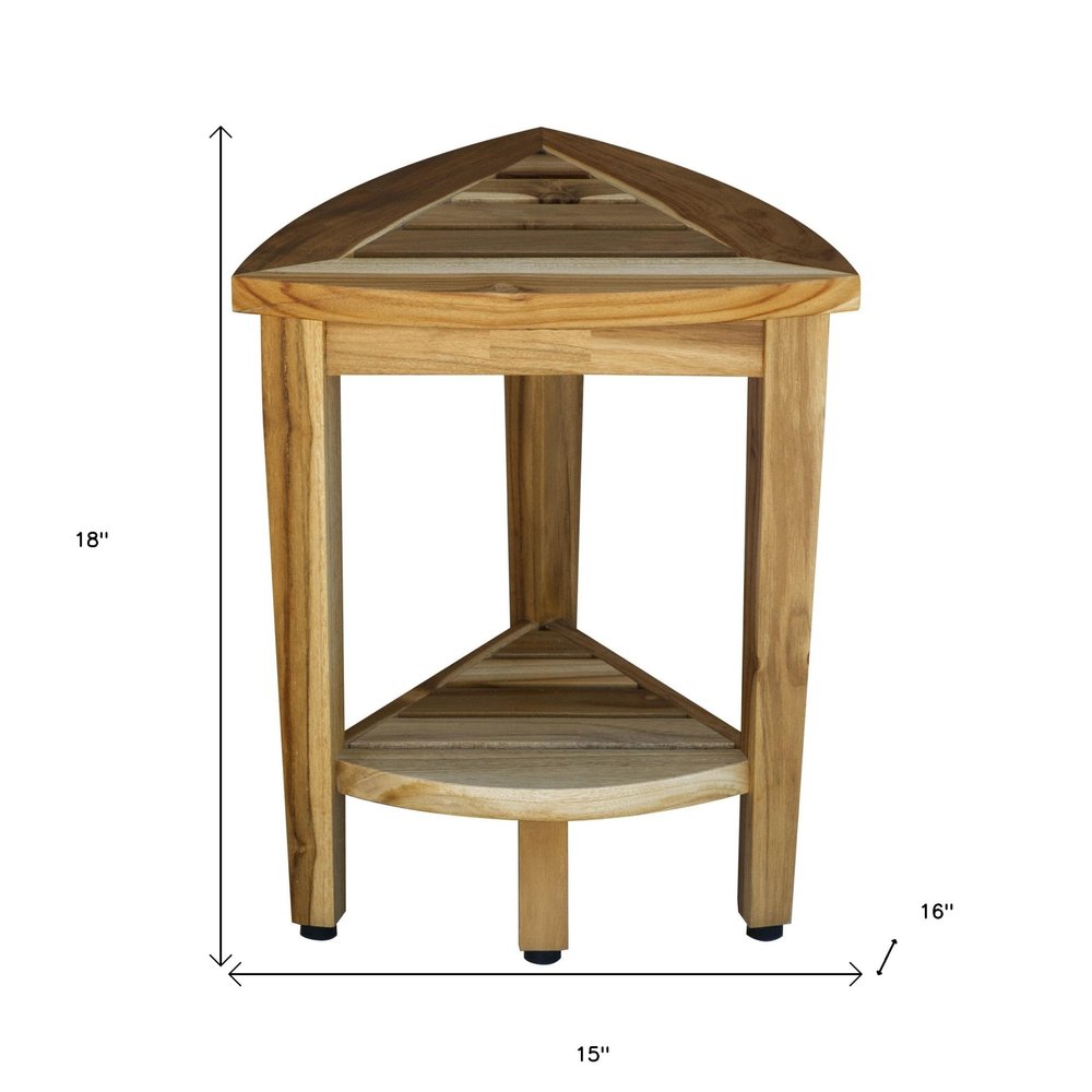 Compact Teak Corner Shower Or Outdoor Bench With Shelf In Natural Finish