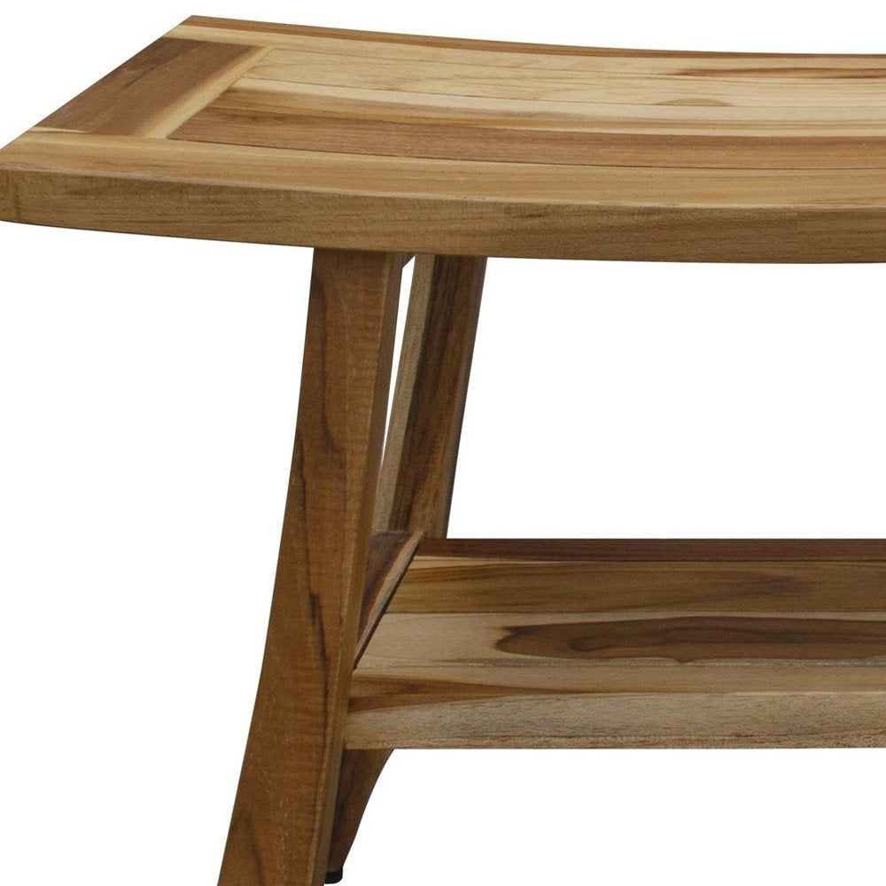 28" Natural Solid Teak Rectangular Shower Bench With Shelf
