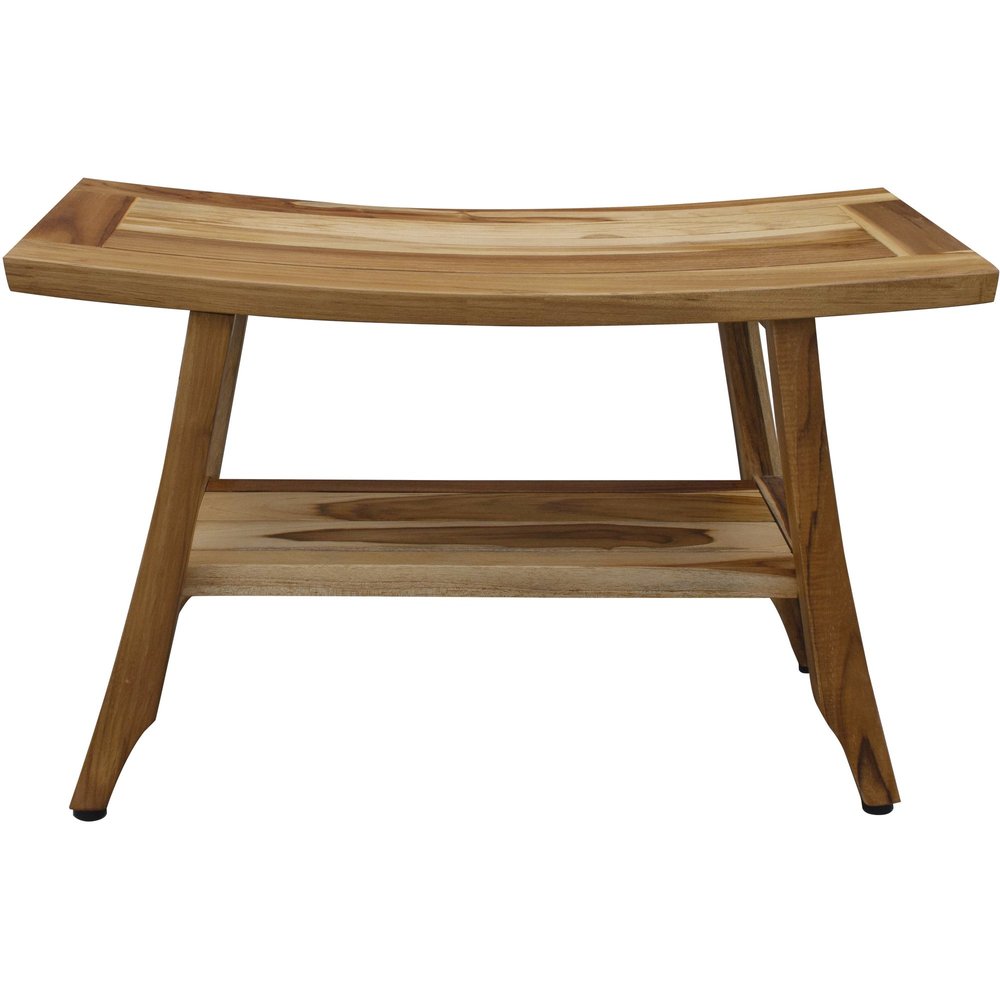 28" Natural Solid Teak Rectangular Shower Bench With Shelf