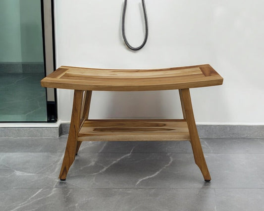 28" Natural Solid Teak Rectangular Shower Bench With Shelf