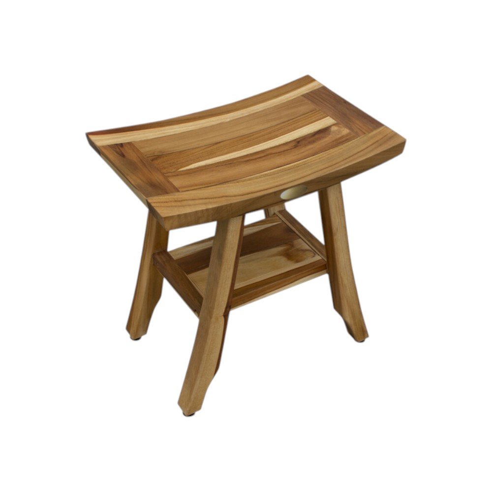Compact Rectangular Teak Shower Outdoor Bench With Shelf In Natural Finish