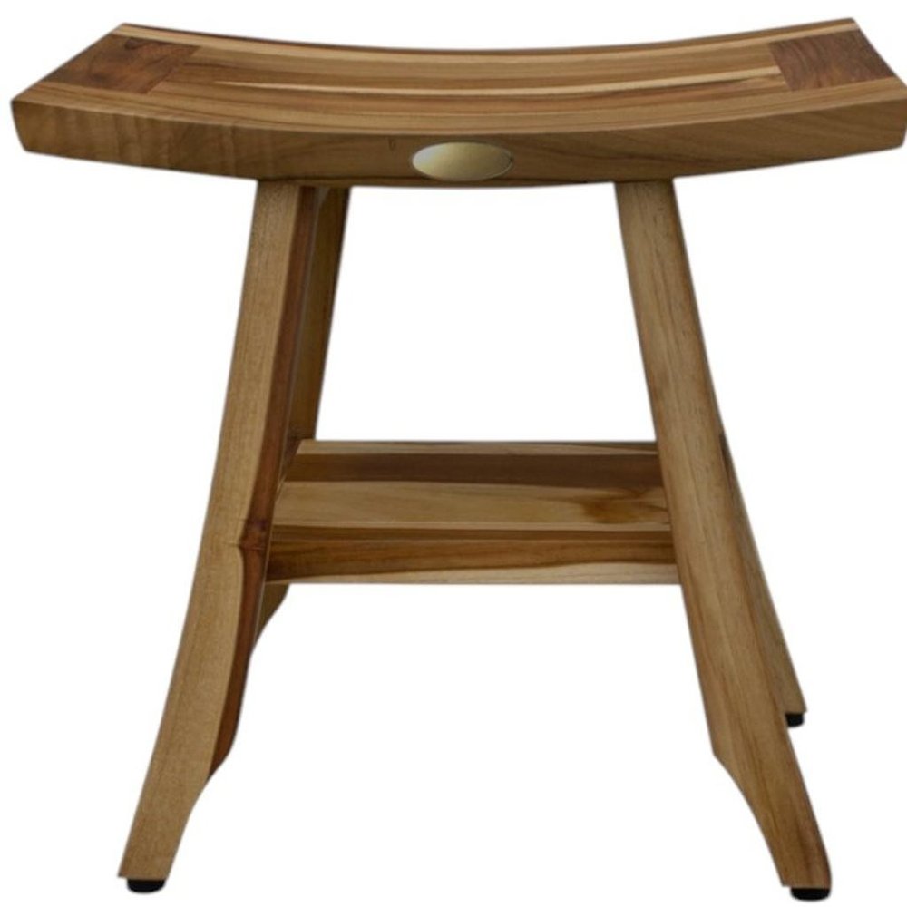 Compact Rectangular Teak Shower Outdoor Bench With Shelf In Natural Finish