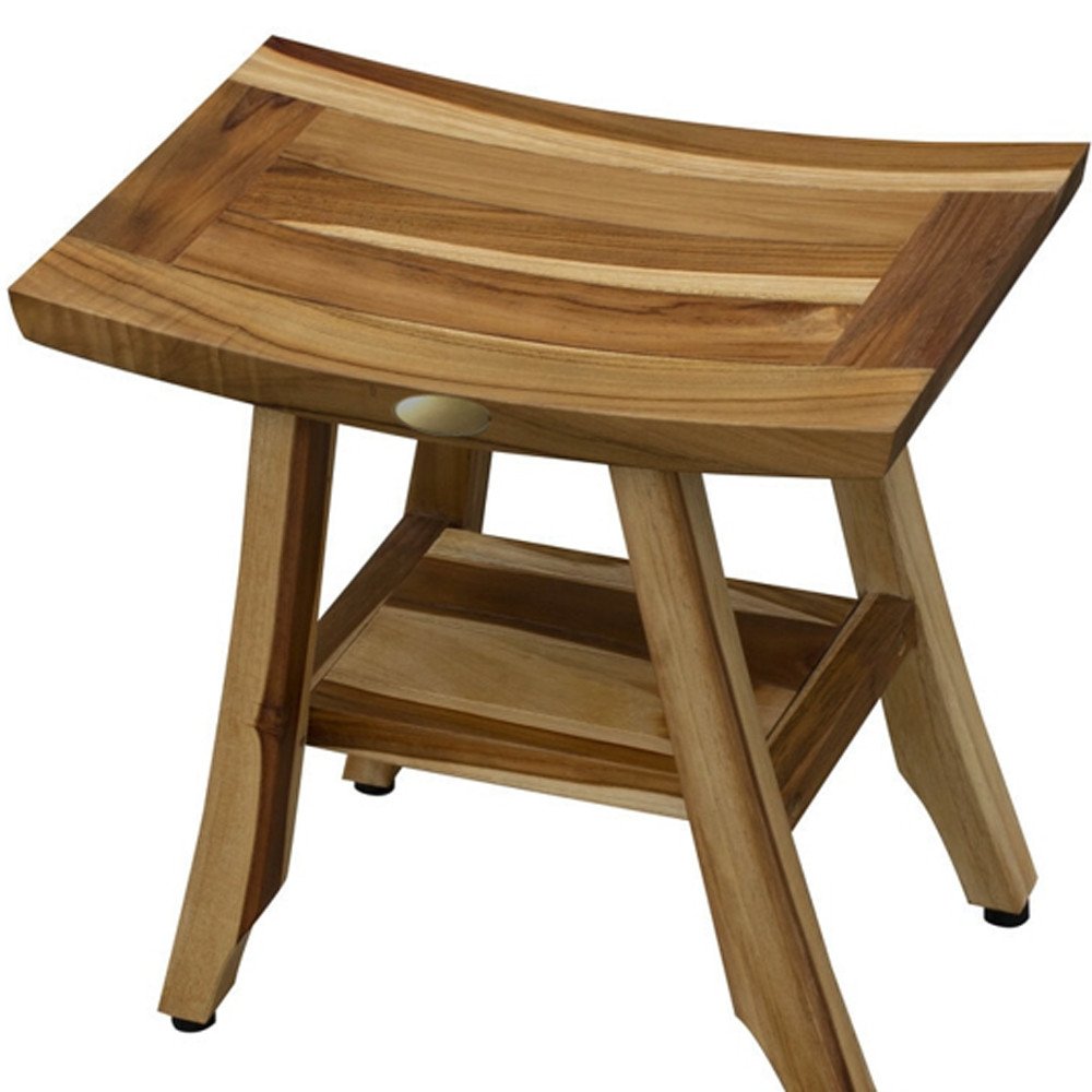 Compact Rectangular Teak Shower Outdoor Bench With Shelf In Natural Finish