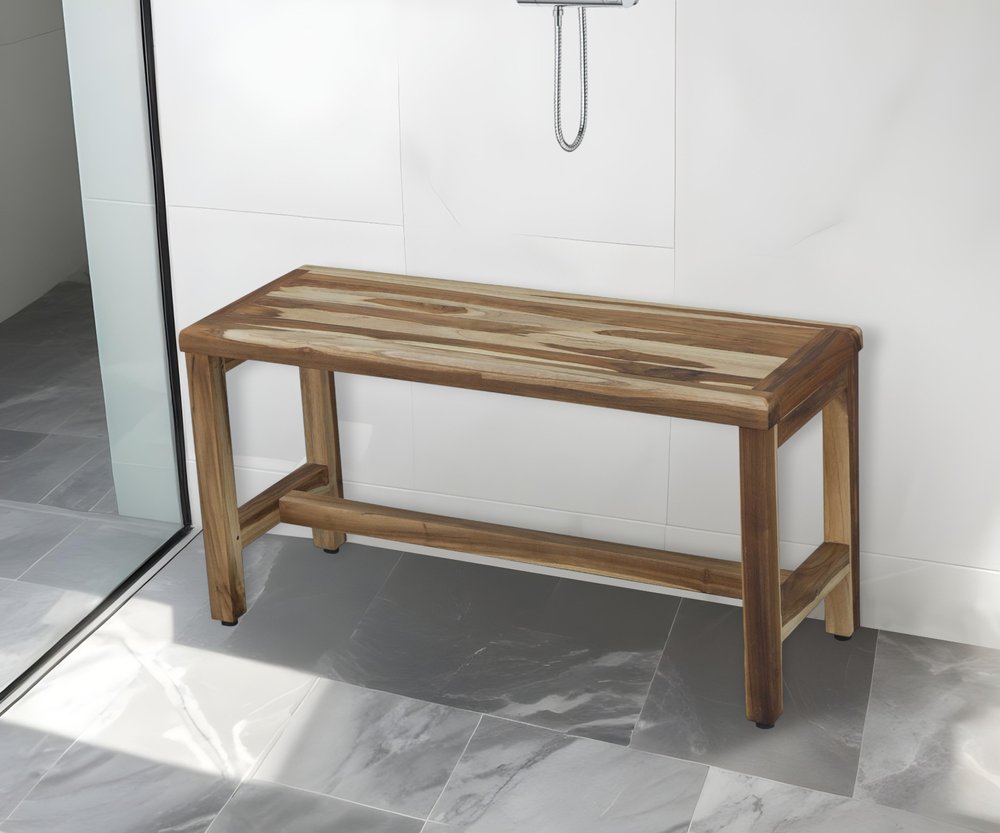 34" Natural Teak Rectangular Shower Bench With Shelf