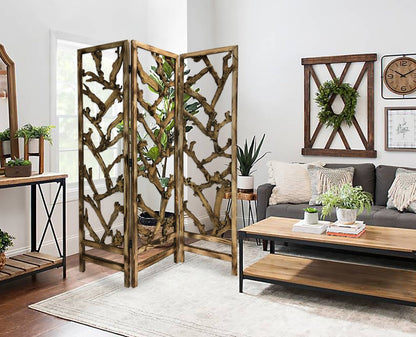 72" Brown Solid Wood Folding Three Panel Screen Room Divider