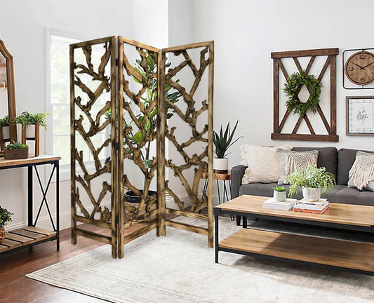 72" Brown Solid Wood Folding Three Panel Screen Room Divider