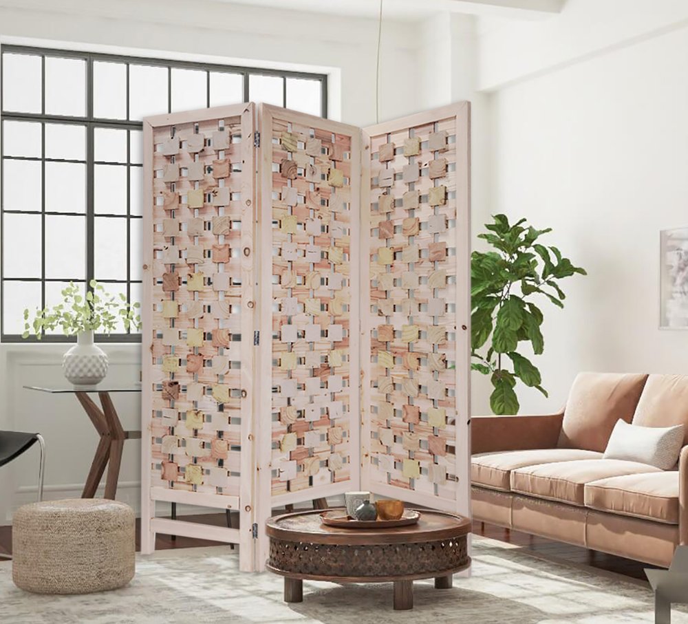 72" Pink Solid Wood Folding Three Panel Screen Room Divider