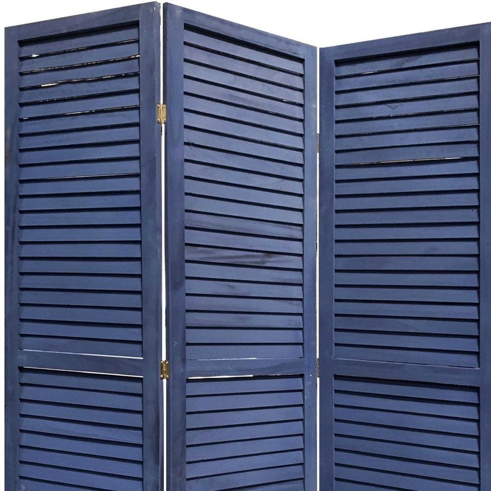 67" Dark Blue Solid Wood Folding Three Panel Screen Room Divider