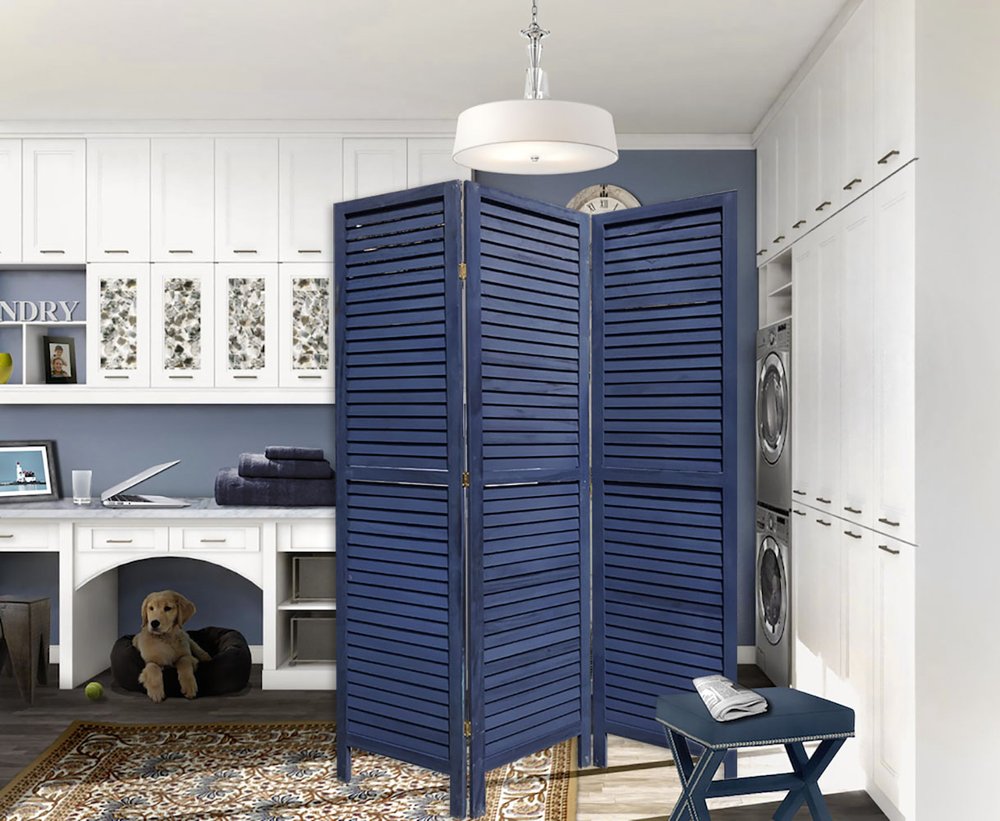 67" Dark Blue Solid Wood Folding Three Panel Screen Room Divider