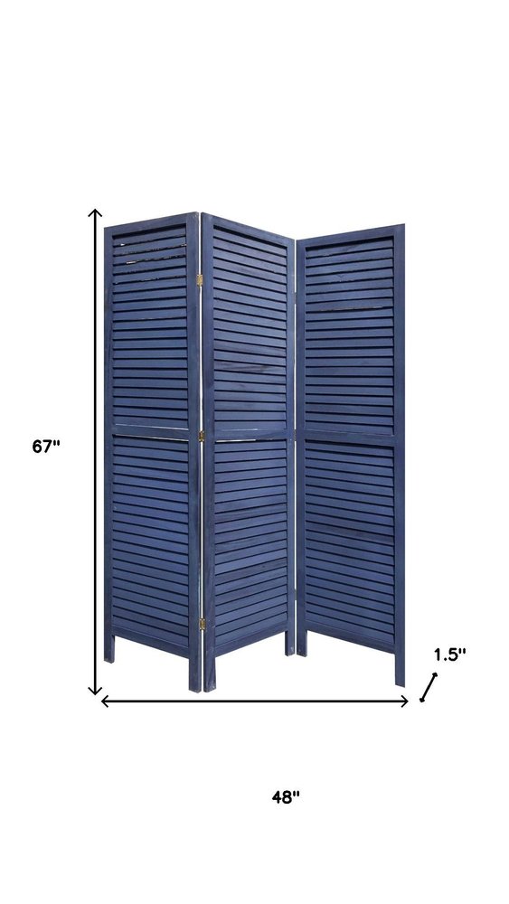 67" Dark Blue Solid Wood Folding Three Panel Screen Room Divider