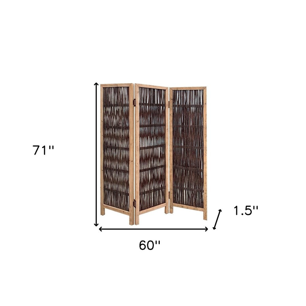 71" Brown Solid Wood Folding Three Panel Screen Room Divider