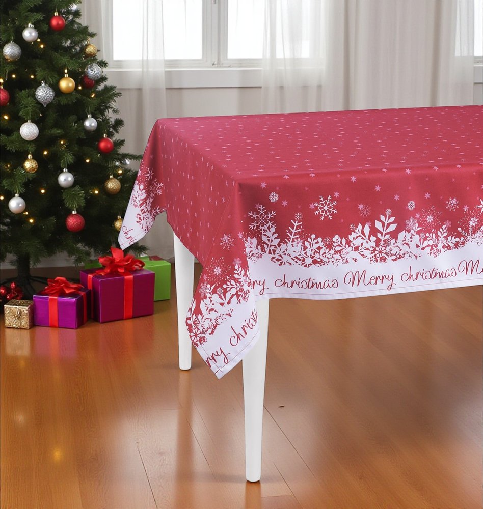 55" X 84" Red And White Polyester Tablecloth