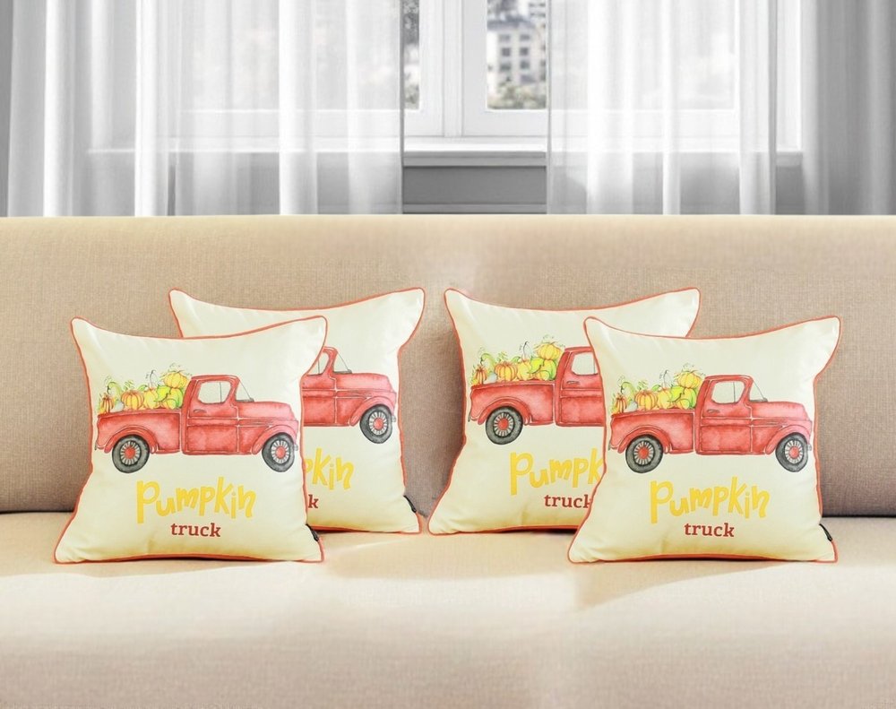 Set of Four 18" Orange Red And White Pumpkin Truck Fabric Throw Pillow Covers