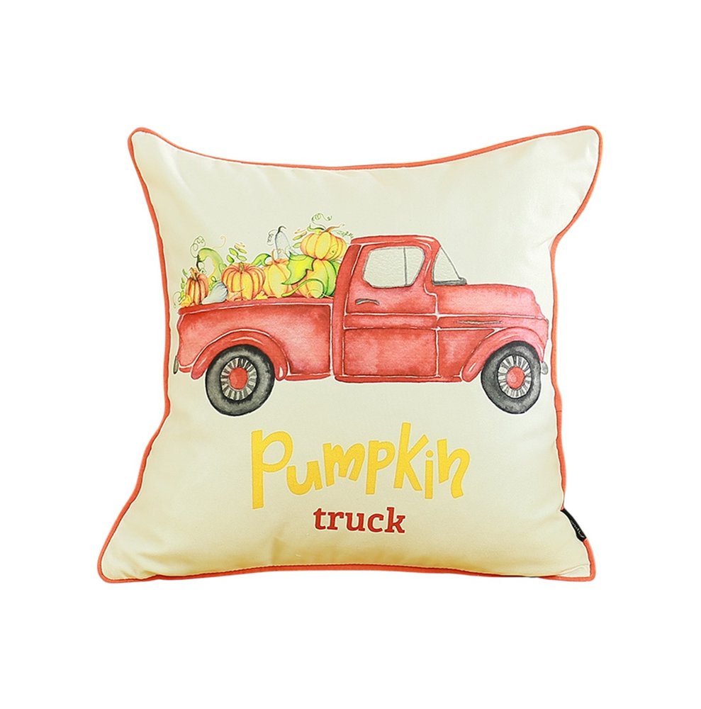 Set of Four 18" Orange Red And White Pumpkin Truck Fabric Throw Pillow Covers