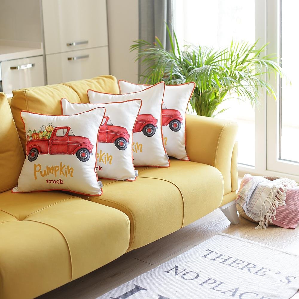 Set of Four 18" Orange Red And White Pumpkin Truck Fabric Throw Pillow Covers