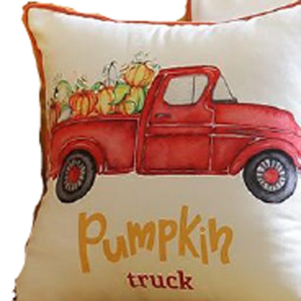 Set of Four 18" Orange Red And White Pumpkin Truck Fabric Throw Pillow Covers