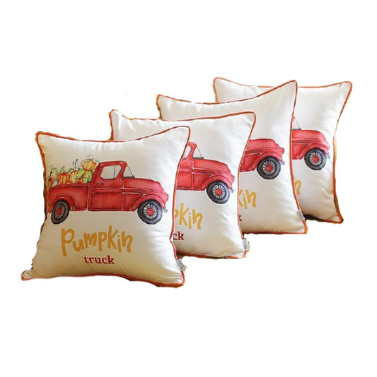 Set of Four 18" Orange Red And White Pumpkin Truck Fabric Throw Pillow Covers
