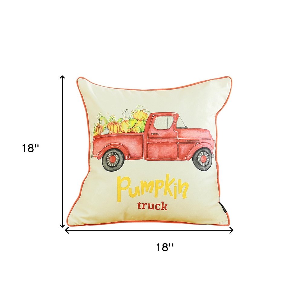 Set of Four 18" Orange Red And White Pumpkin Truck Fabric Throw Pillow Covers