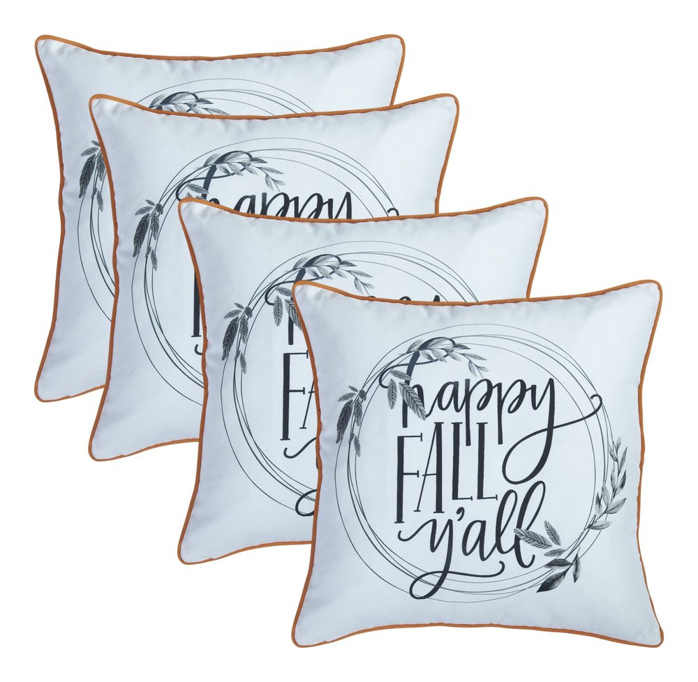 Set of Four 18" Black And White Happy Fall You All Text Fabric Throw Pillow Covers