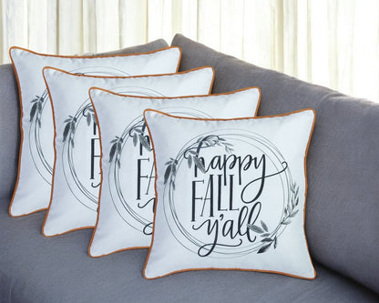 Set of Four 18" Black And White Happy Fall You All Text Fabric Throw Pillow Covers