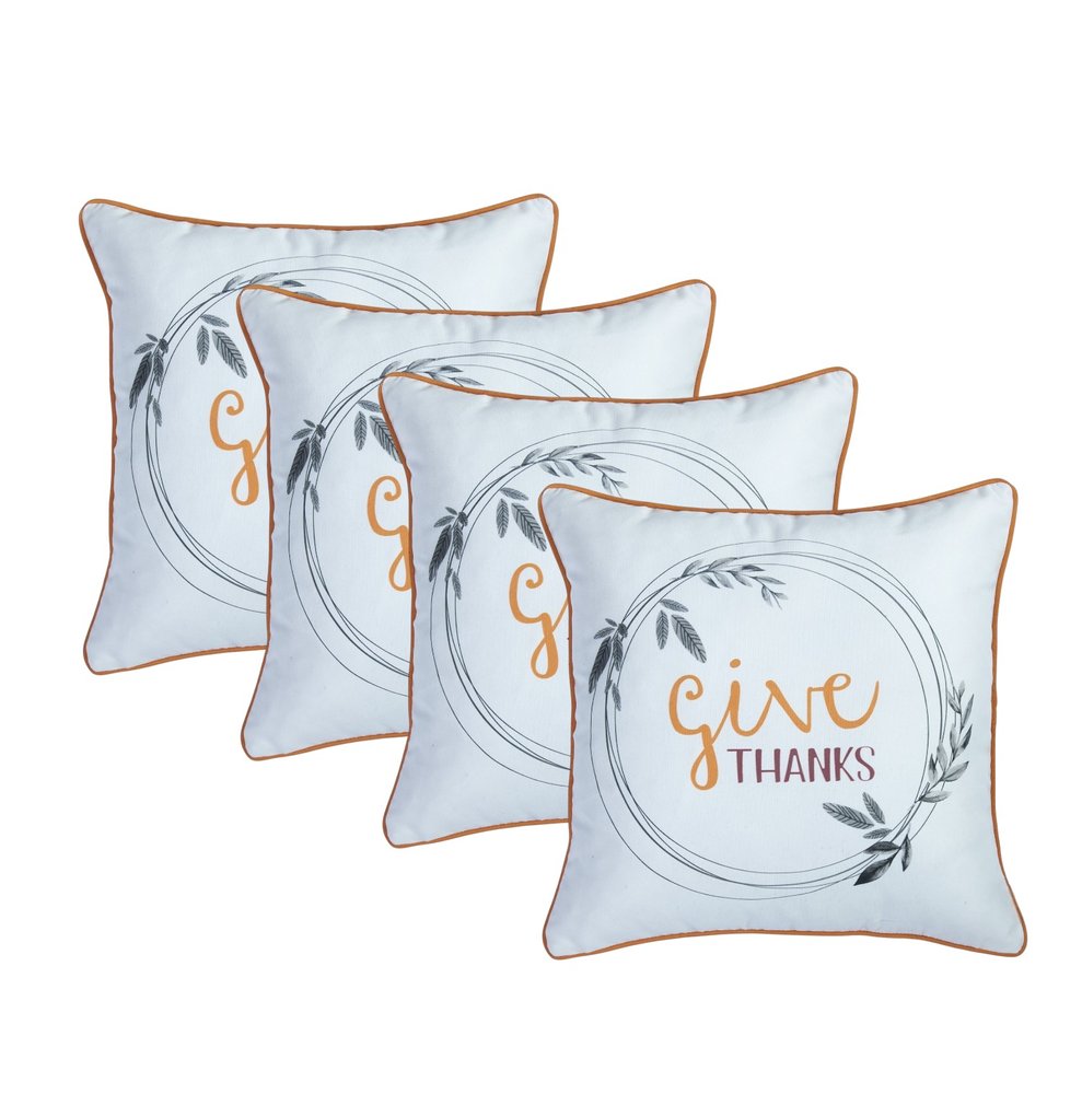 Set of Four 18" Orange and White Give Thanks Thanksgiving Fabric Throw Pillow Covers