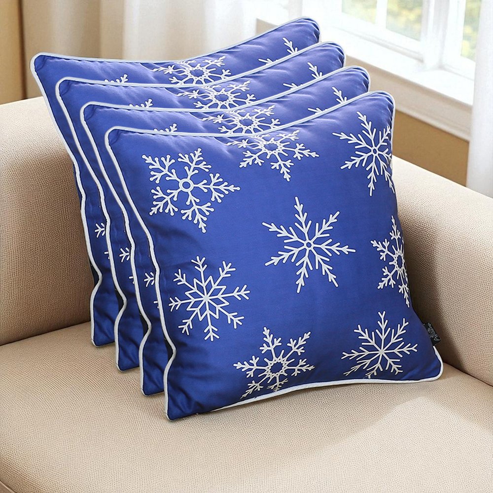 Set Of 4 18" Christmas Snowflakes Throw Pillow Cover In Blue