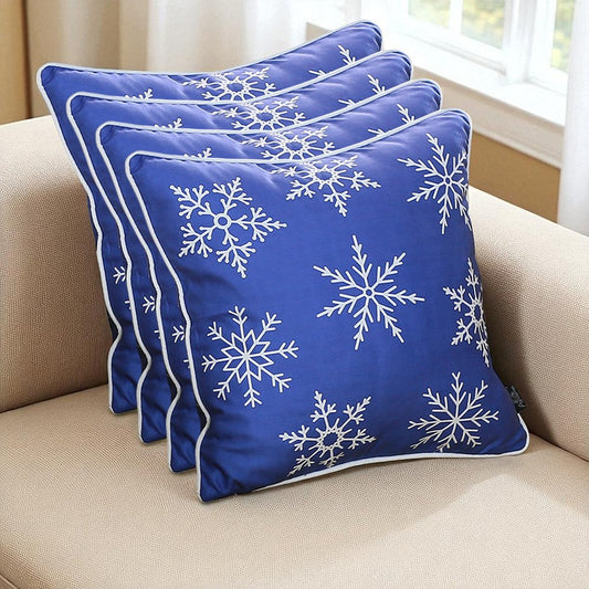 Set Of 4 18" Christmas Snowflakes Throw Pillow Cover In Blue