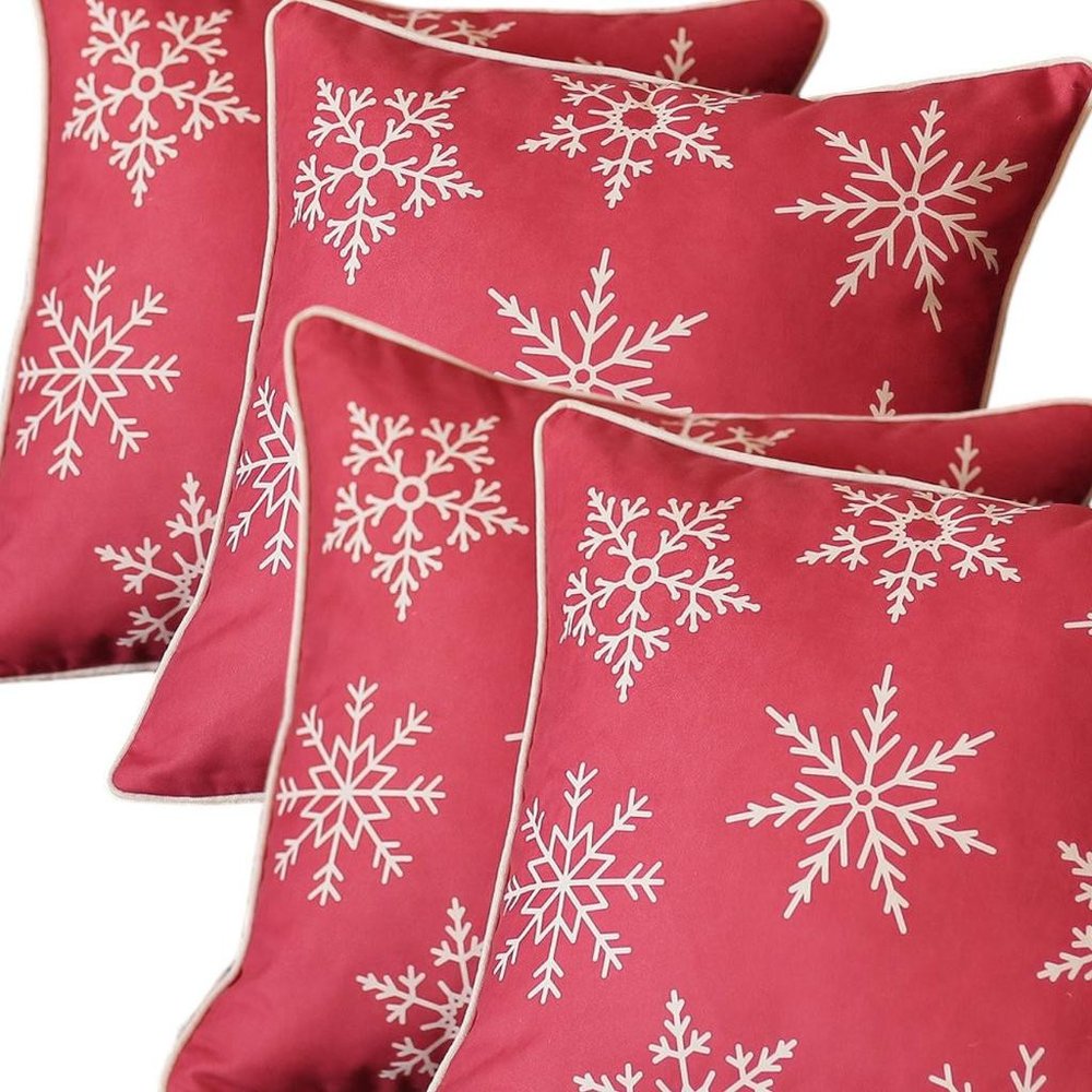 Set Of Four Red 18" Christmas Snowflakes Throw Pillow Covers