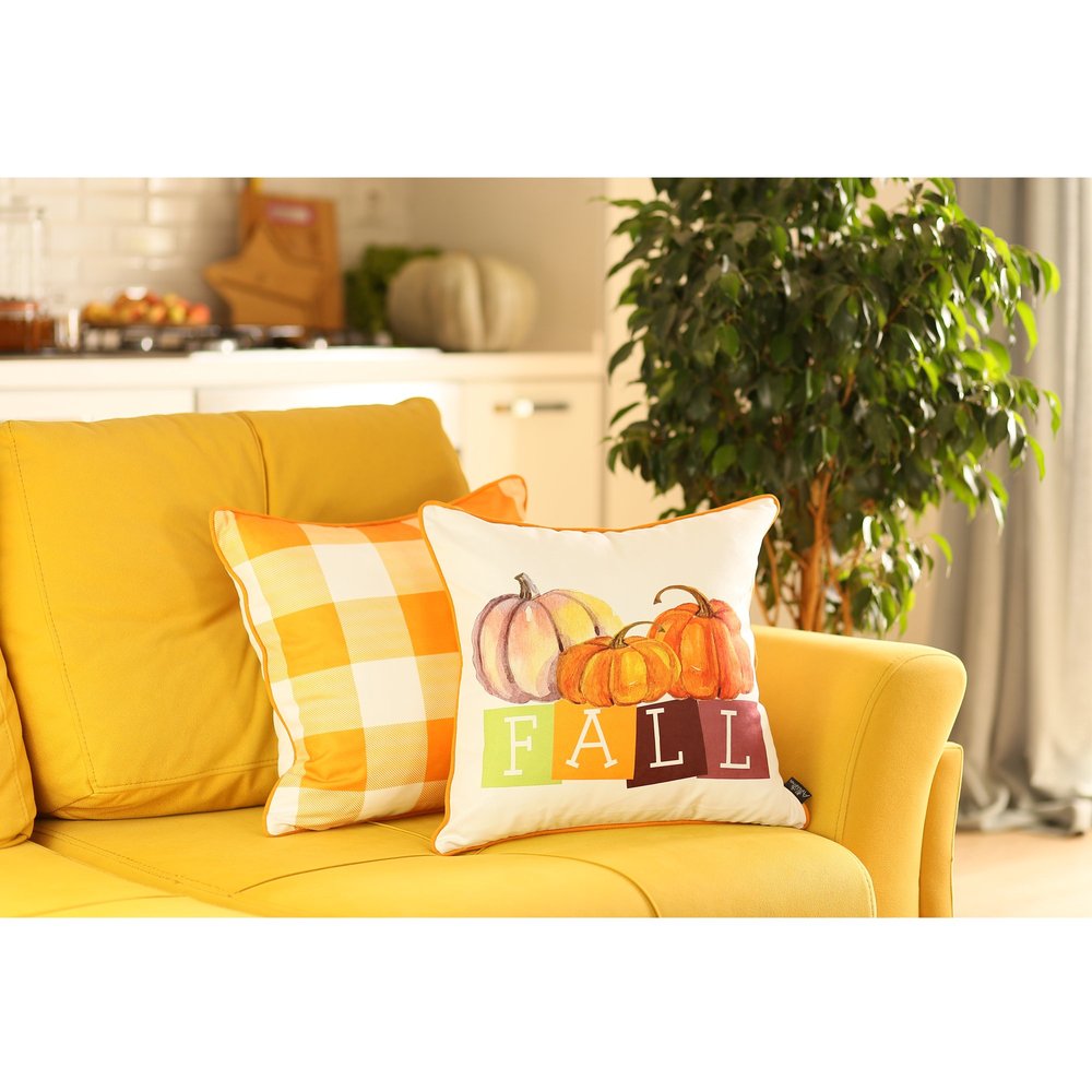 Set of Four 18" Orange And White Fabric Throw Pillow Covers