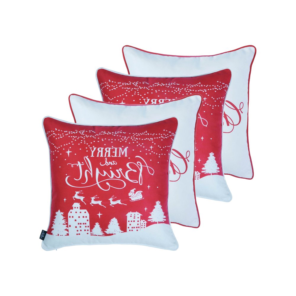 Set of Four 18" Red and White Fabrc Throw Pillow Covers