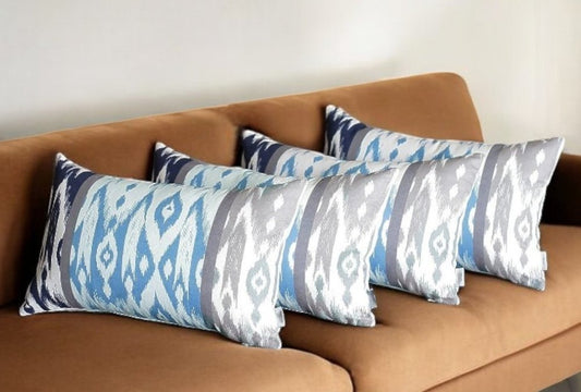 Set of Four 12" X 20" Blue And Gray Fabric Lumbar Throw Pillow Covers