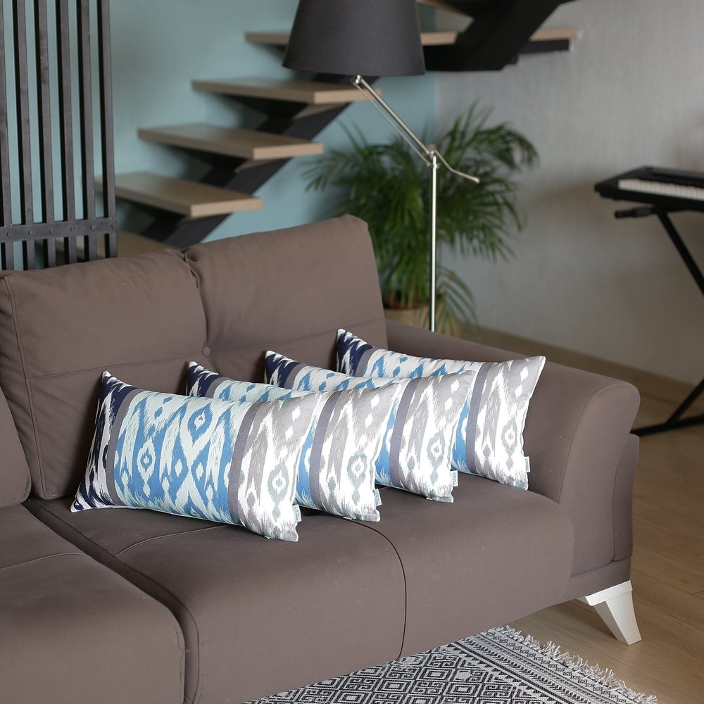 Set of Four 12" X 20" Blue And Gray Fabric Lumbar Throw Pillow Covers