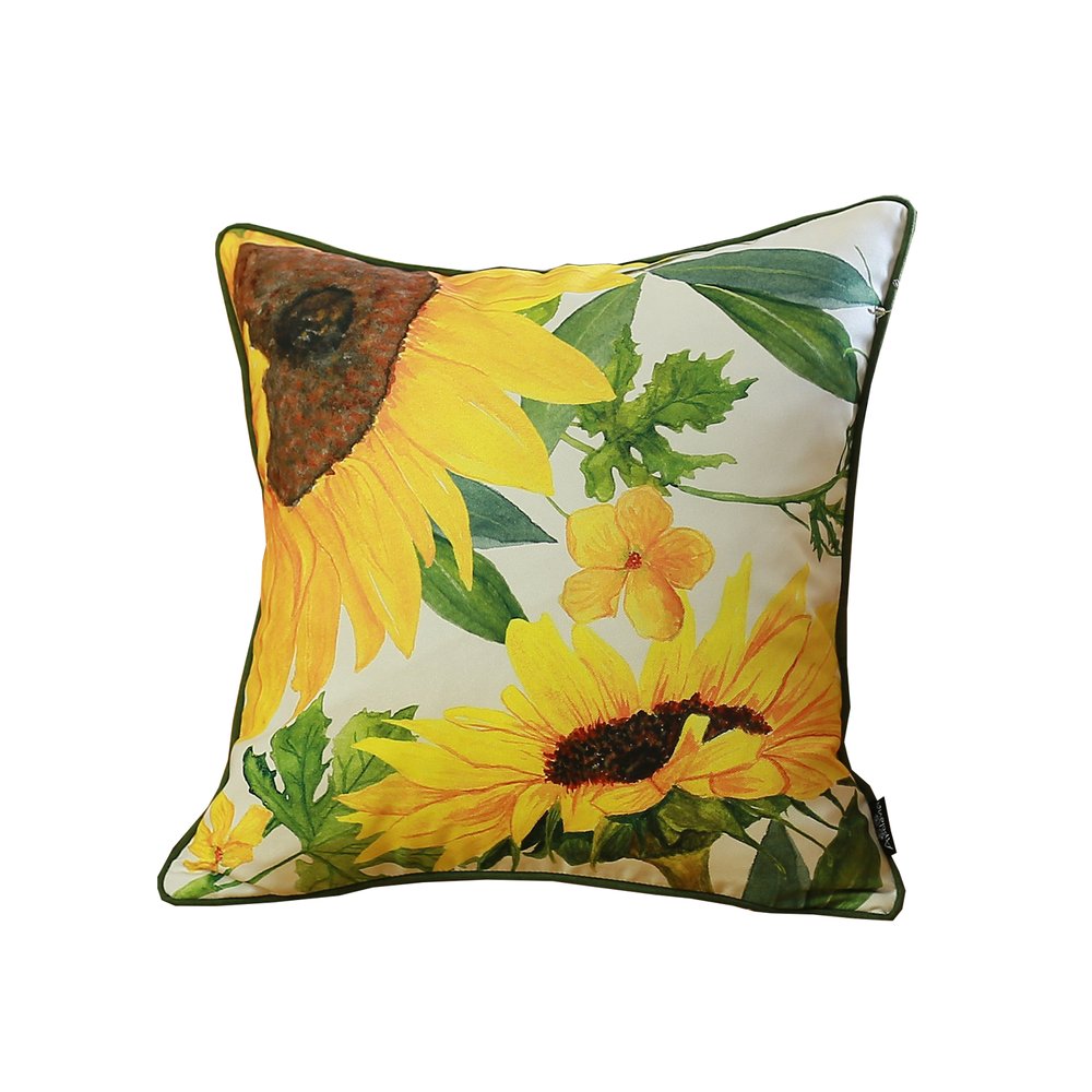 Set of Two 18" Green White And Yellow Sunflowers Fabric Throw Pillow Covers