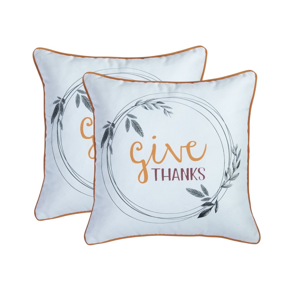 Set of Two Orange and White Give Thanks Throw Pillow Covers