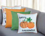 Set of Four 18" Black Orange And White Halloween Pumpkin Text Fabric Throw Pillow Covers