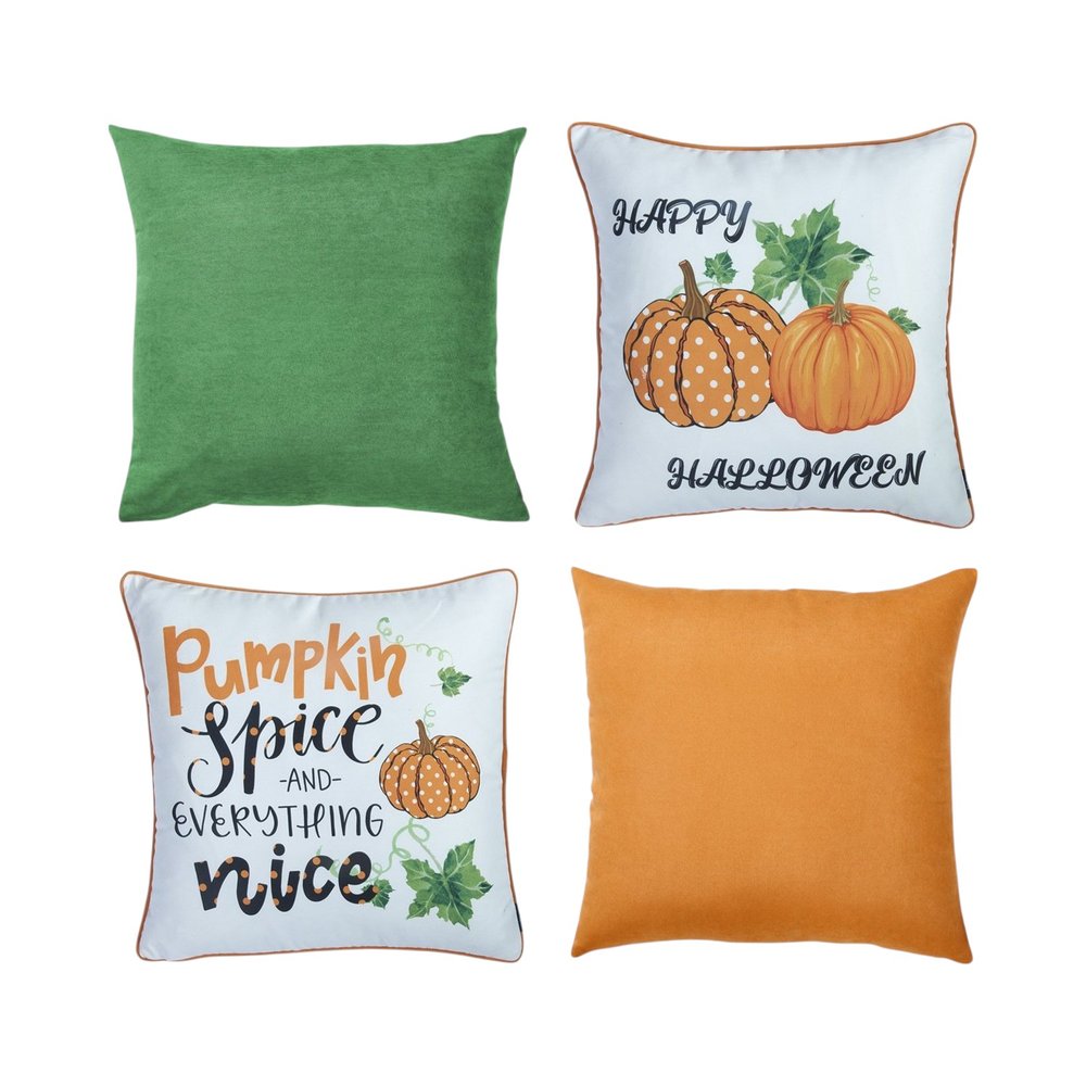 Set of Four 18" Black Orange And White Halloween Pumpkin Text Fabric Throw Pillow Covers