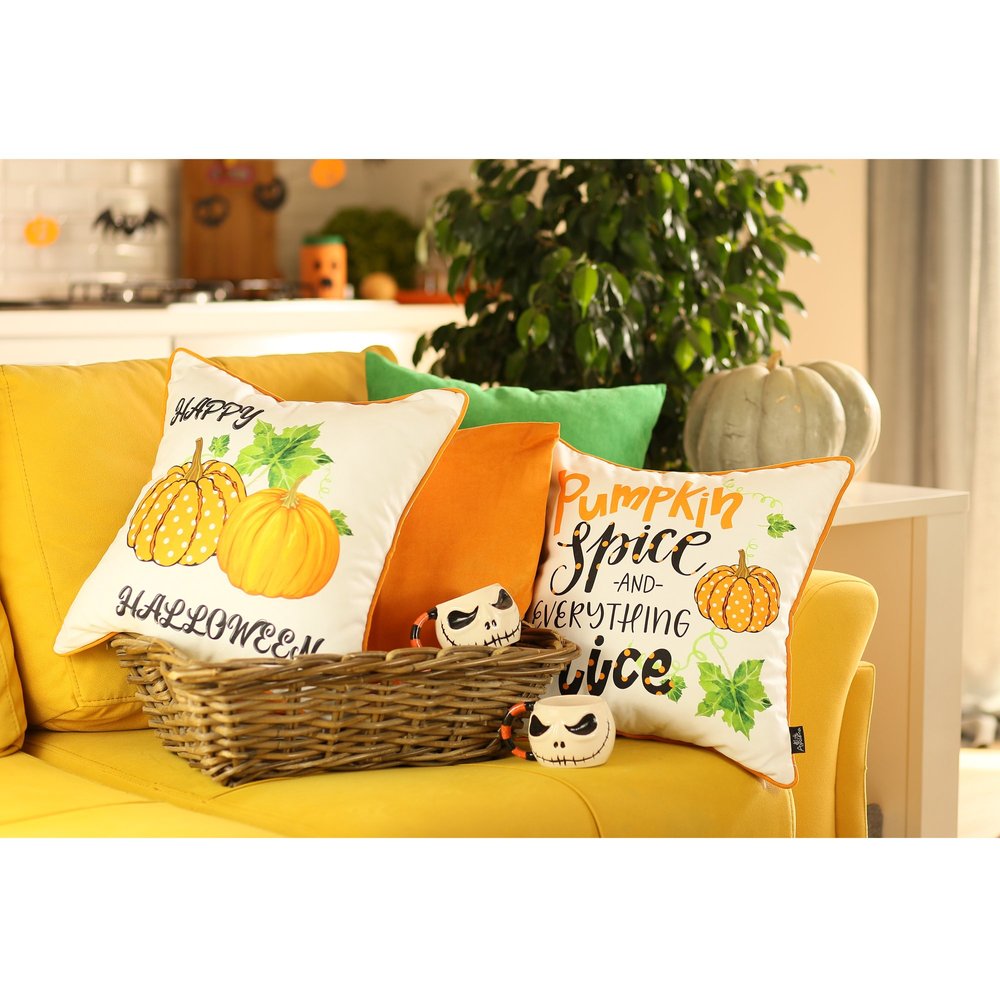 Set of Four 18" Black Orange And White Halloween Pumpkin Text Fabric Throw Pillow Covers