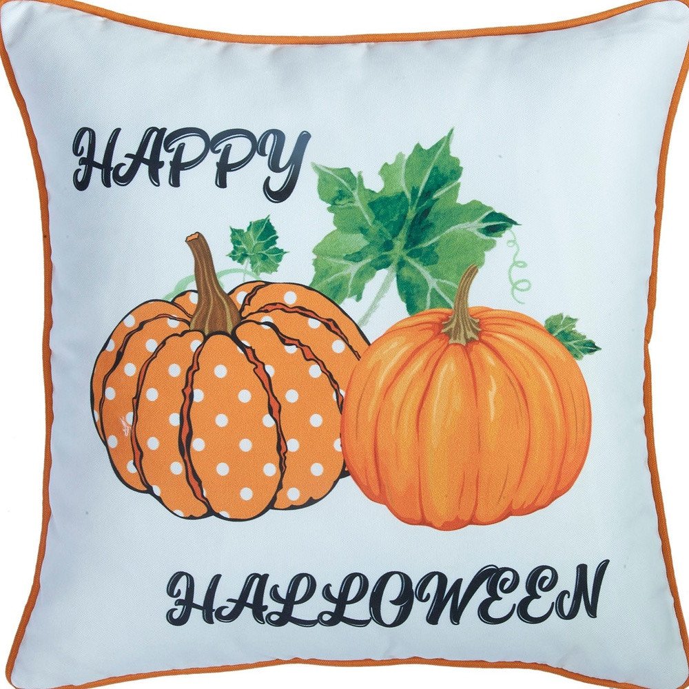 Set of Four 18" Black Orange And White Halloween Pumpkin Text Fabric Throw Pillow Covers