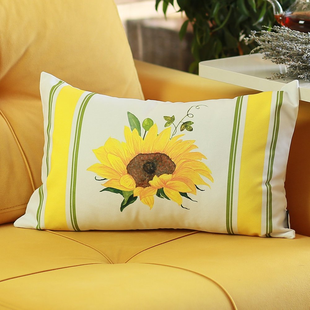 Set of Two 12" X 20" Yellow And White Fabric Lumbar Throw Pillow Covers