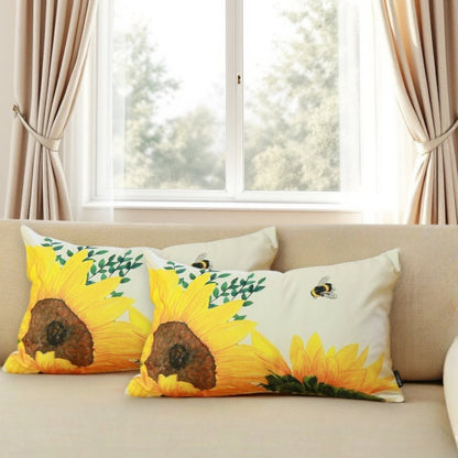 Set of Two 12" X 20" White And Yellow Bee Sunflowers Fabric Lumbar Throw Pillow Covers