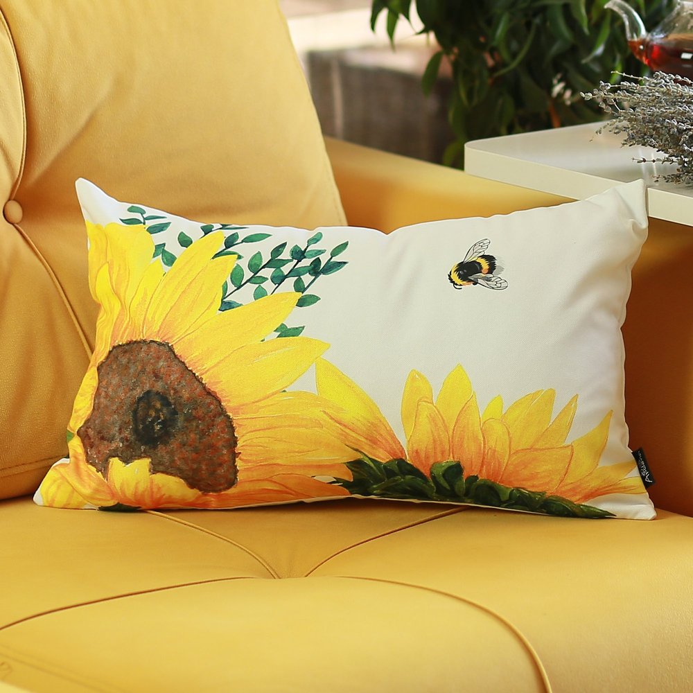 Set of Two 12" X 20" White And Yellow Bee Sunflowers Fabric Lumbar Throw Pillow Covers