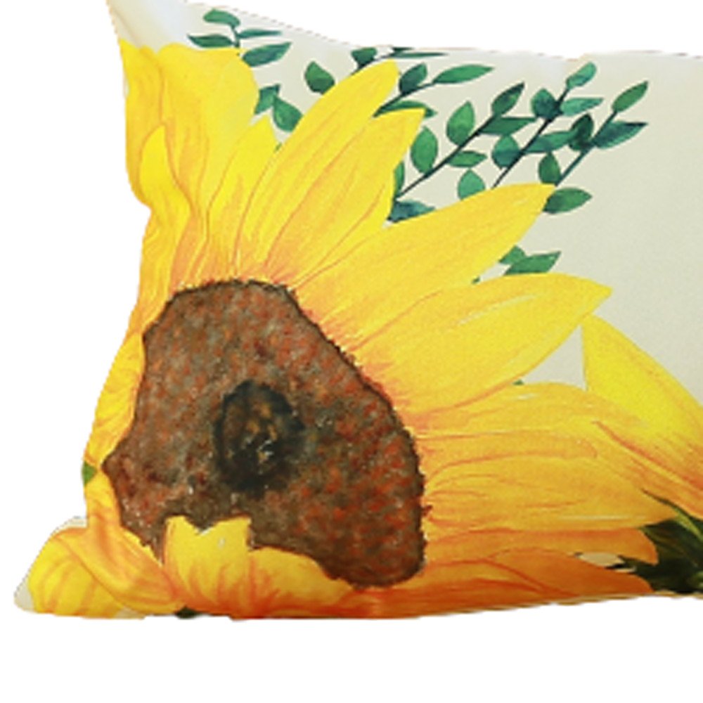 Set of Two 12" X 20" White And Yellow Bee Sunflowers Fabric Lumbar Throw Pillow Covers